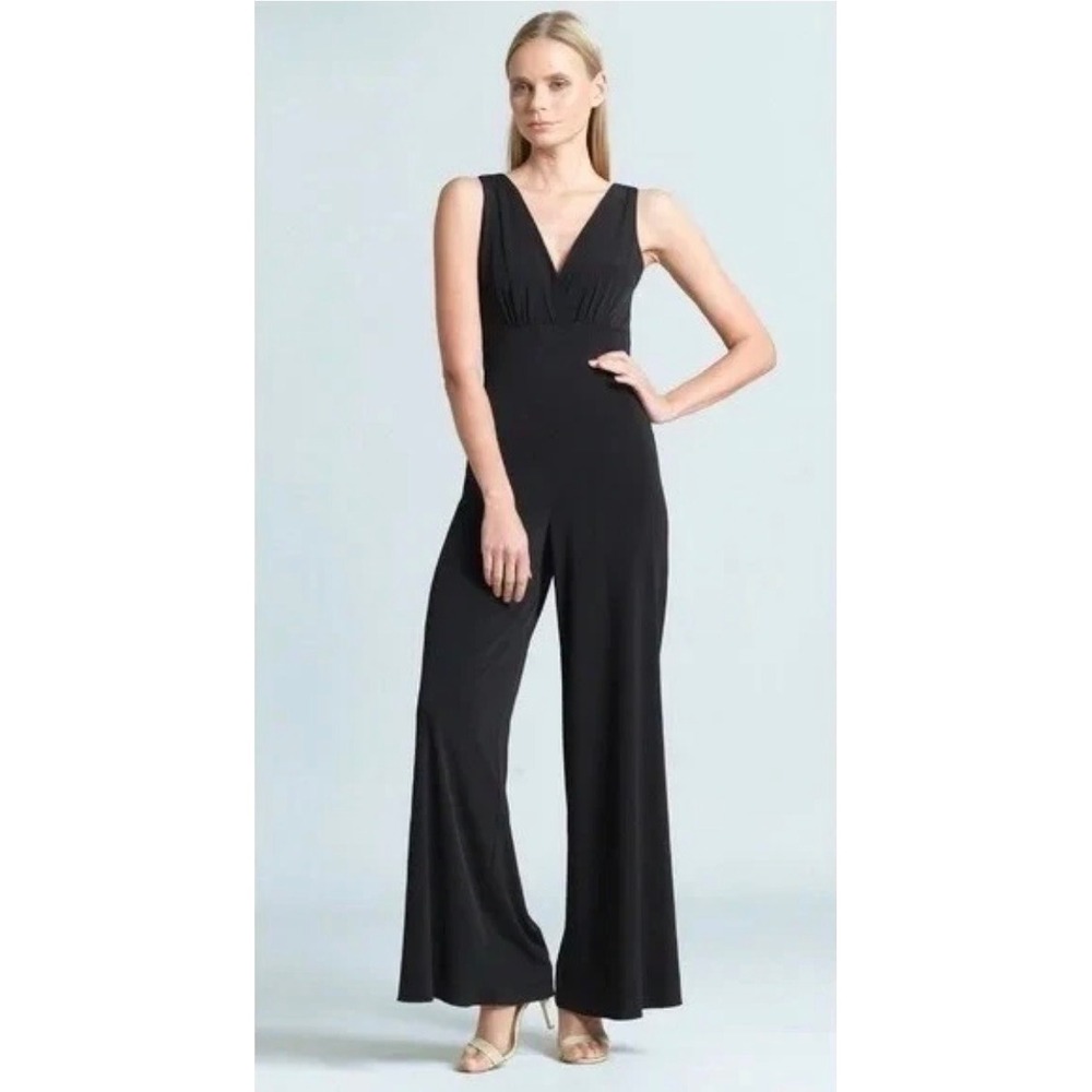 Clara Sunwoo Black Wide Leg‎ Jumpsuit V-Neck Sleeveless Stretch Jersey Medium